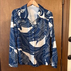 SHEIN Navy and White Koi Wave Button-Down Shirt